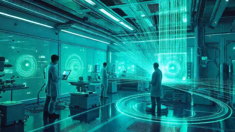 Laboratorio futurista con tecnología avanzada y hologramas