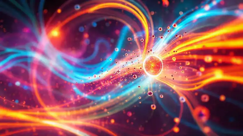 Partículas cuánticas, energía, colores y patrones futuristas