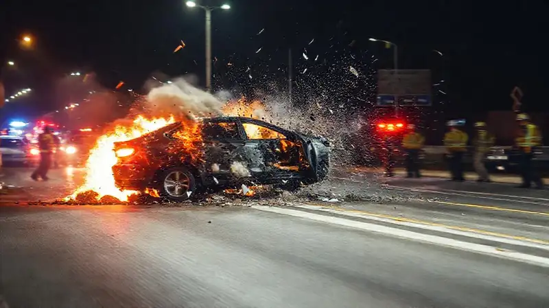 Accidente de coche con explosión y destrucción